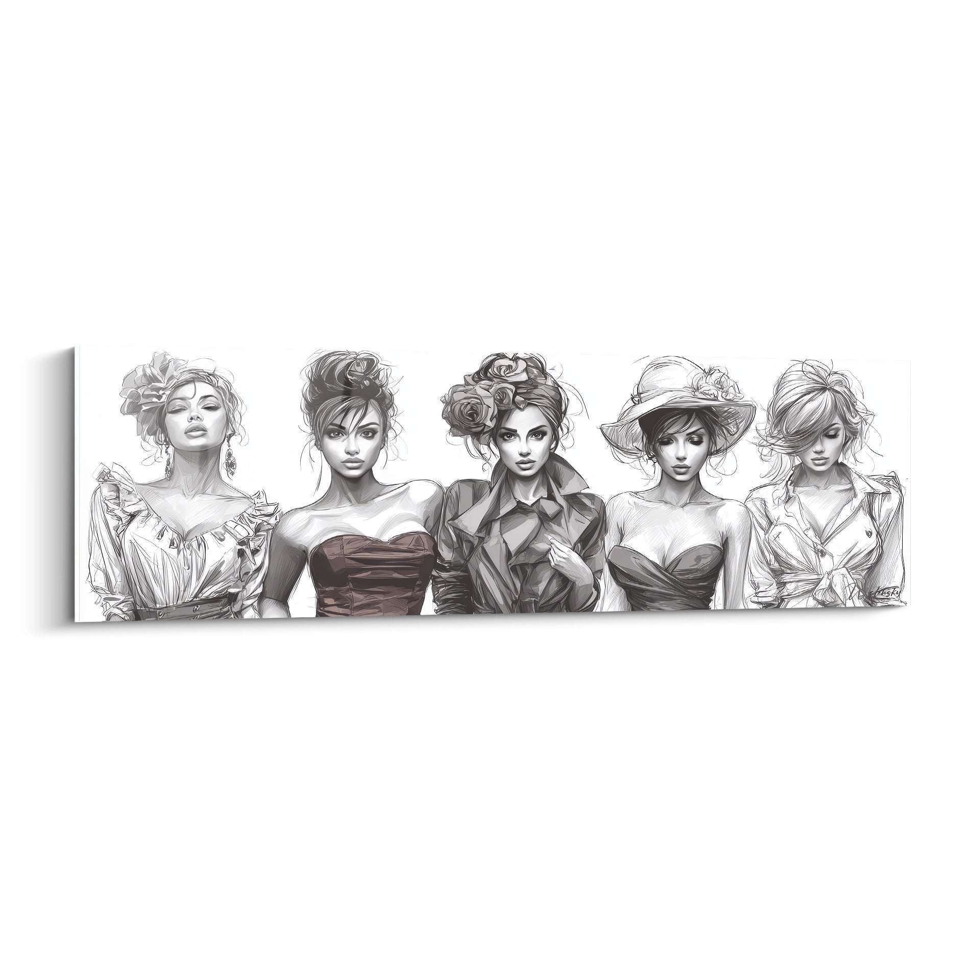 Tableau mural femmes élégantes représentant cinq modèles avec des coiffures et des robes stylées
