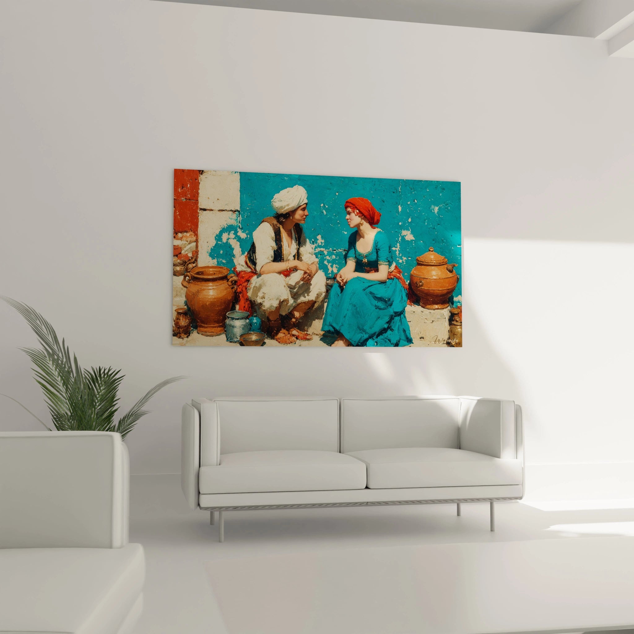 tableau orientalisme femmes Walensky peinture murale représentant deux personnages en costumes traditionnels et jarres