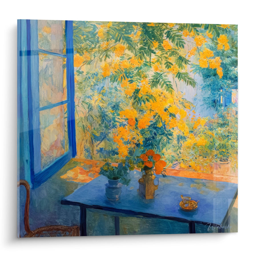 Tableau Fenêtre Ouverte sur Jardin Fleuri - Mimosas Dorés - édition jardin
