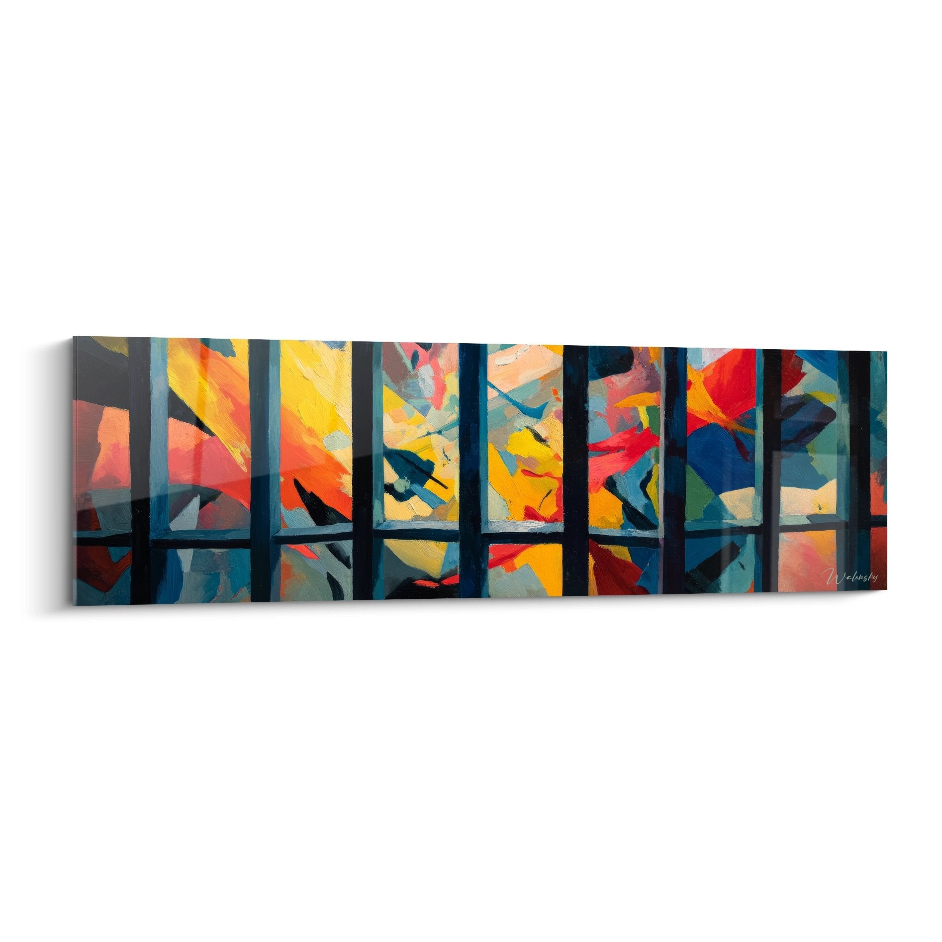 Tableau mural fenêtre urbaine colorée style géométrique abstrait avec barreaux noirs et formes multicolores