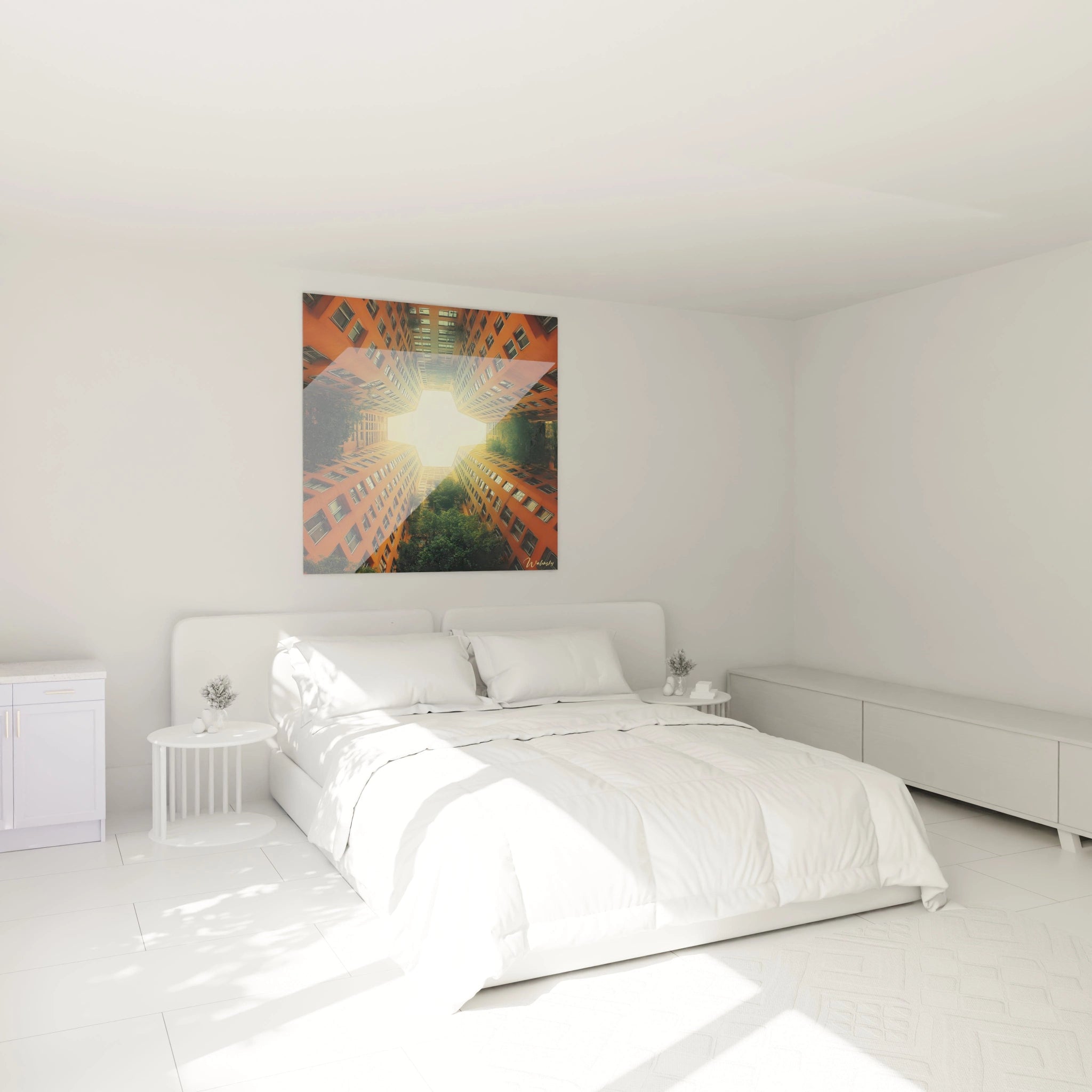 Un tableau urbain captant quatre façades d'immeubles orange en perspective ascendante créant une forme d'étoile, avec un point central lumineux jaune-blanc et des touches de verdure, donnant une impression de vertige architectural.
