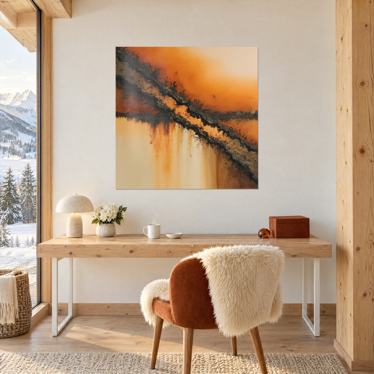 Cuadro de composición óxido y negro con chorreados crema, colgado encima de un escritorio de madera clara junto a una ventana nevada