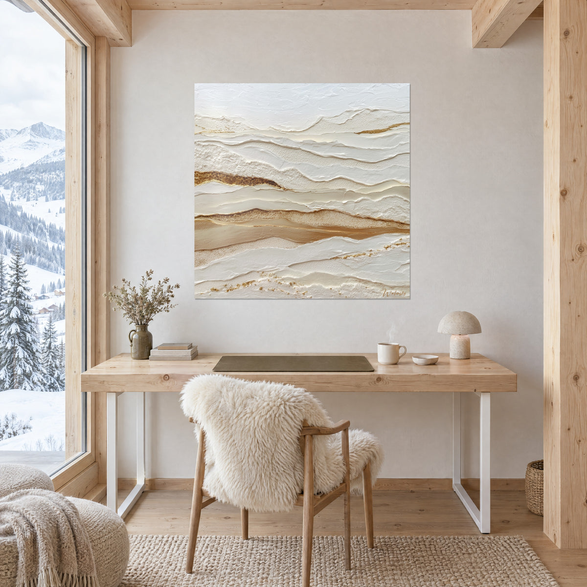 Schilderij met getextureerde verfduinen in zand en gebroken wit, centrale gouden strook, boven een licht houten bureau bij het raam