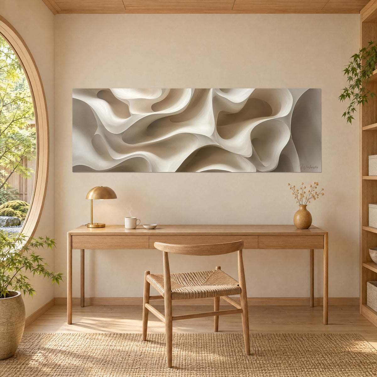 Gemälde mit weichen gebrochenweißen und hellbraunen Blüten, über einem Holzschreibtisch neben einer runden Wand, Japandi