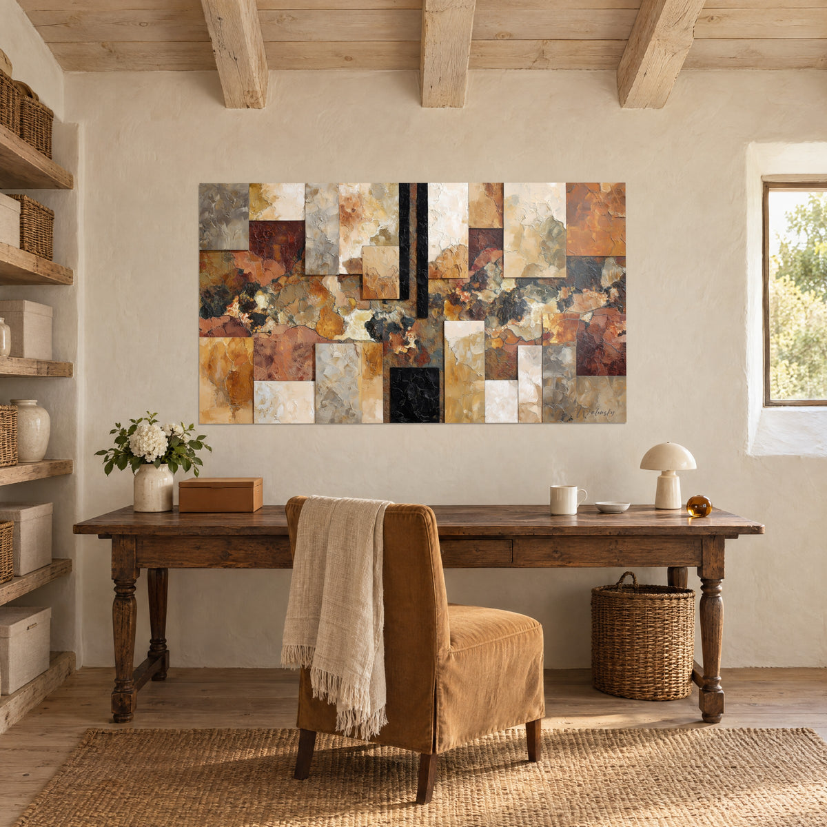 Cuadro fresco mineral marrón chocolate, ámbar y marfil, textura de pintura gruesa, en la pared de un escritorio de madera antigua
