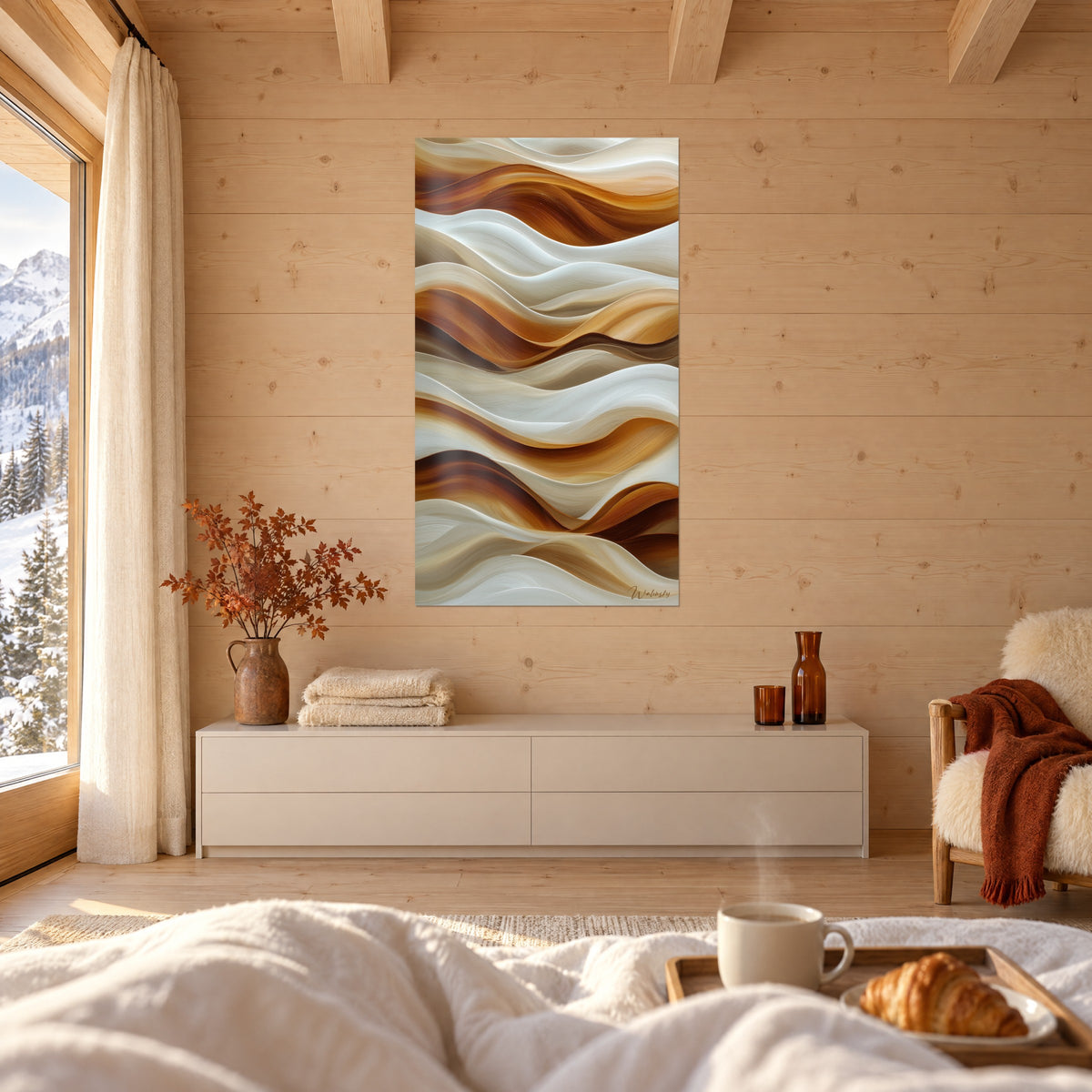 Schilderij met zandige golven in gebroken wit en koperoranje, van achteren gezien, boven een bed in een lichte slaapkamer