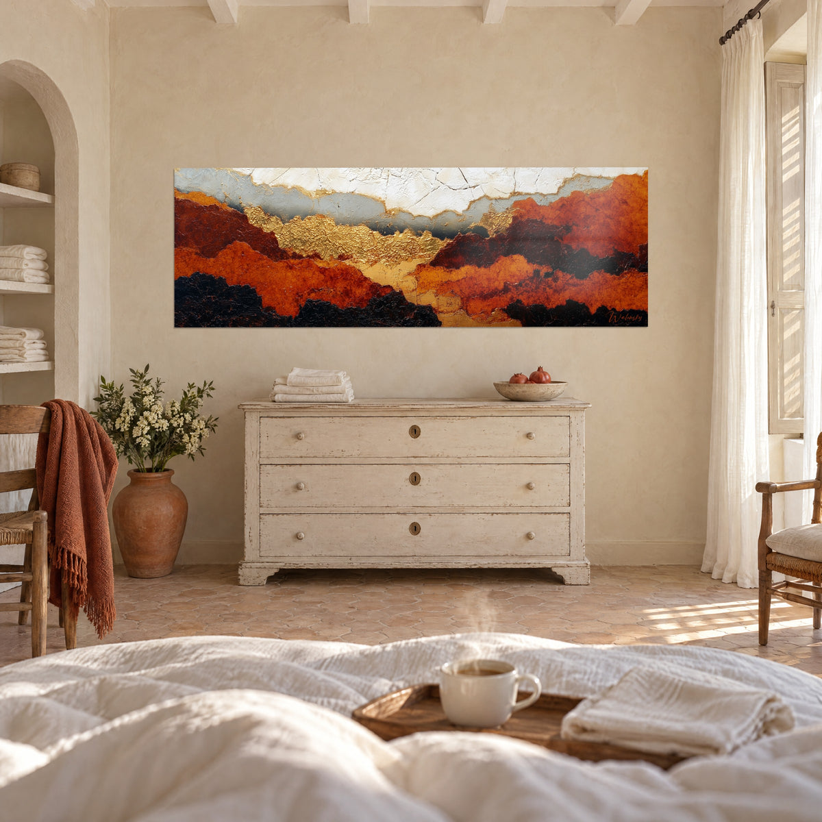 Wall art fiery horizons, orange strata and dark brown, central gold band, above a bed in a bright bedroom
