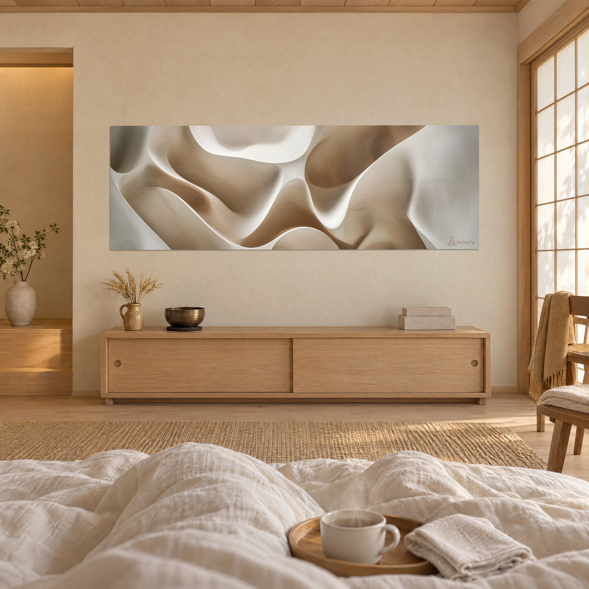 Quadro con onde astratte di dune, curve avorio e caramello, con due persone di spalle, appeso sopra un letto in una camera luminosa