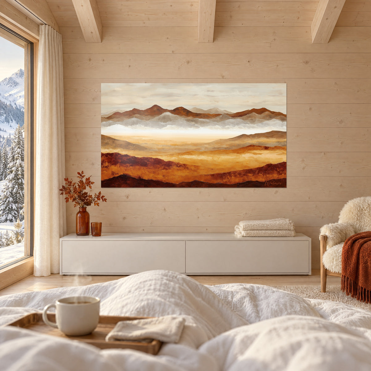 Tableau massifs ocre et terre de Sienne noyés de brume blanche, vue de dos sur un lit blanc, au-dessus d'un lit dans une chambre claire