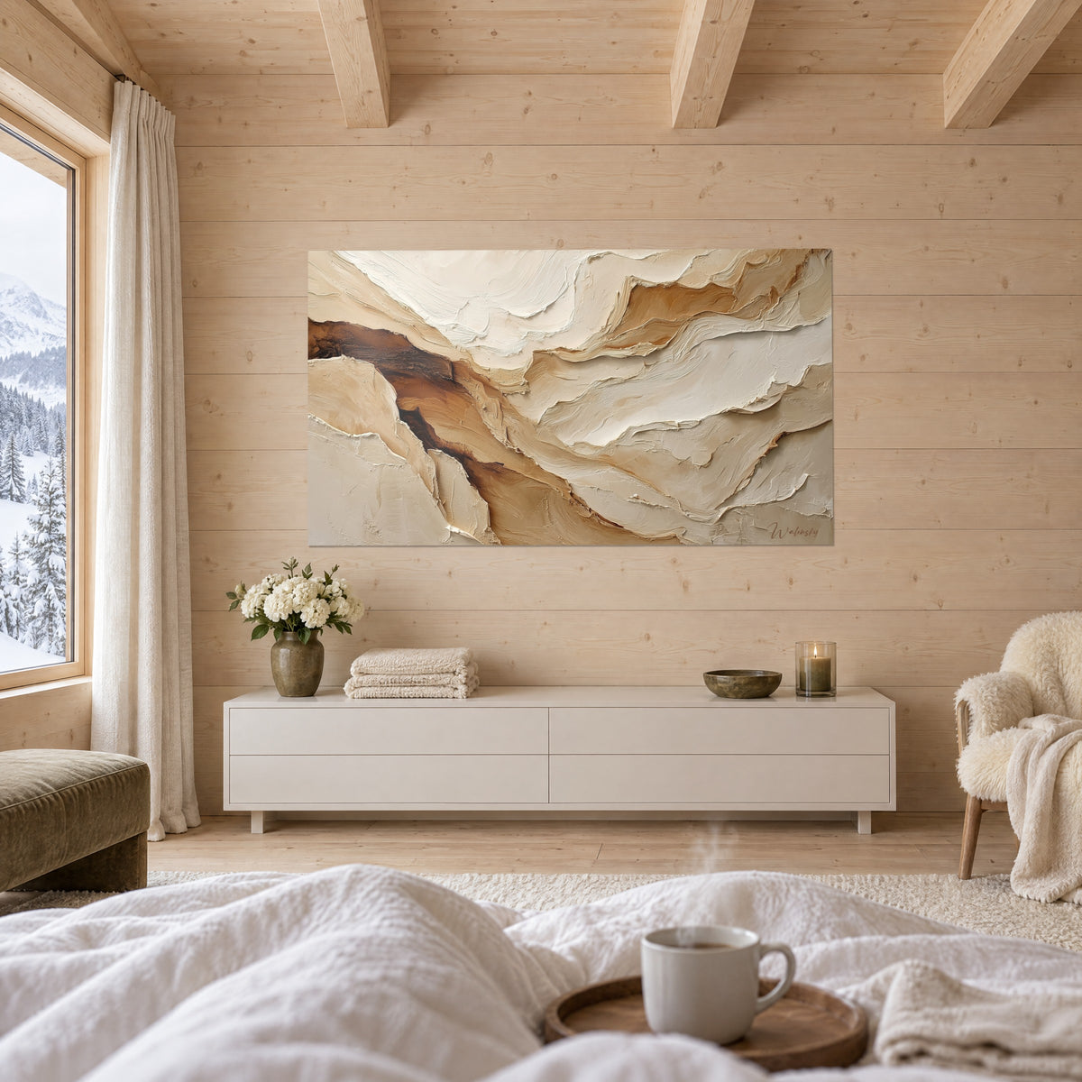 Gemälde Canyon aus dicker Creme- und Karamellpaste, gegenüber einem Bett mit weißer Bettwäsche, über dem Bett in einem hellen Schlafzimmer