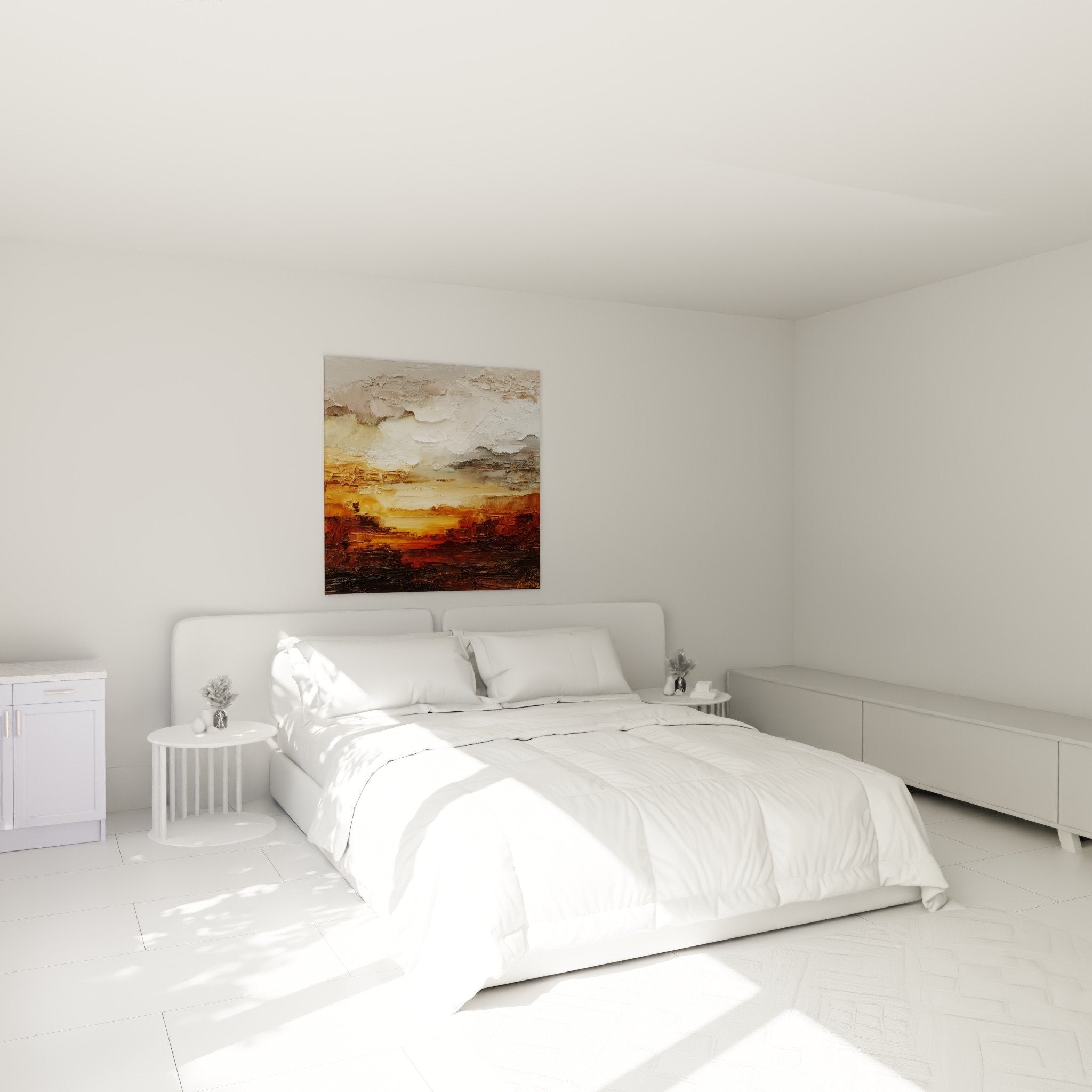 Tableau feng shui centre terre tons chauds ocre beige dans chambre decoration zen harmonieuse