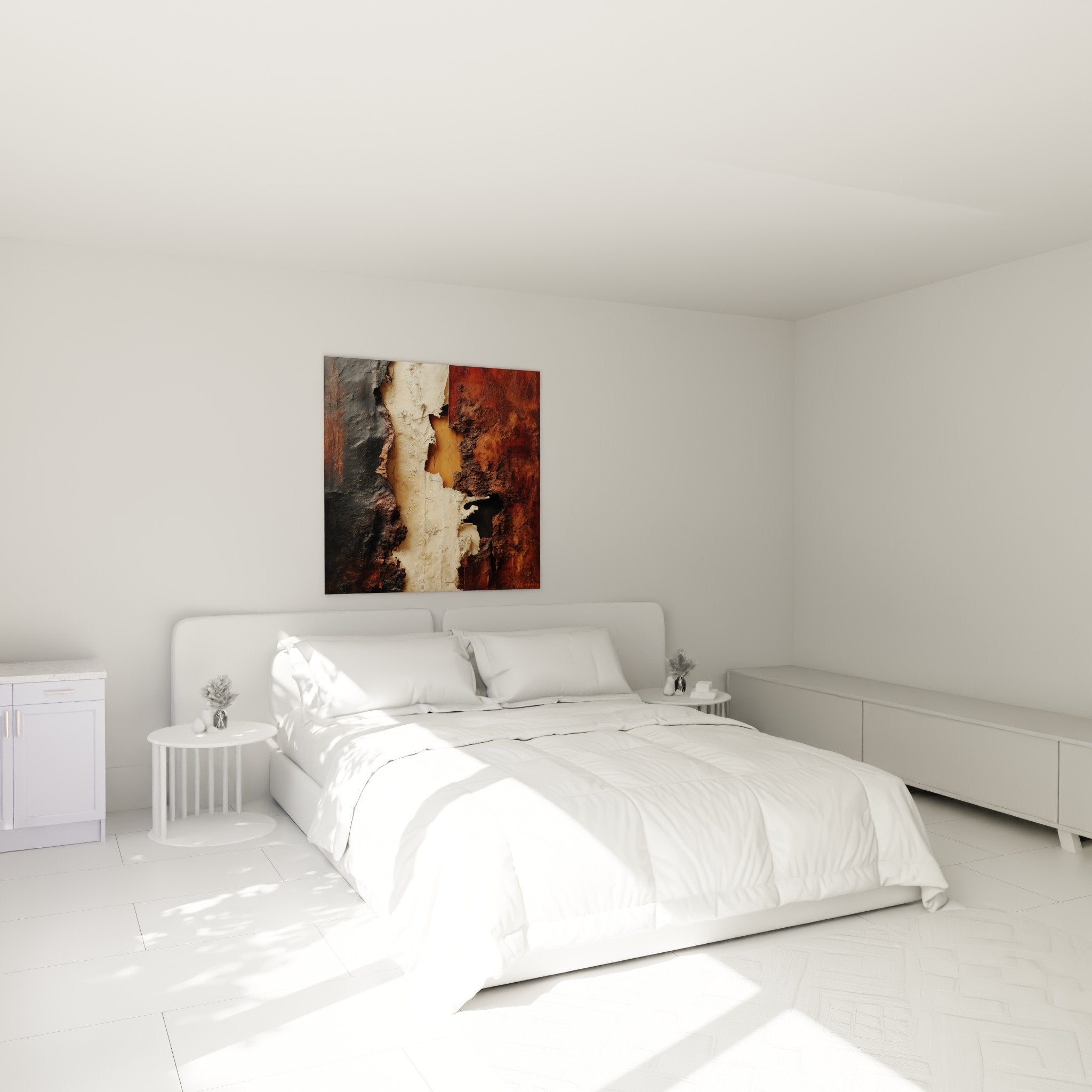 Tableau abstrait matières ecaillees chambre parentale tons terreux ocre rouille decoration zen feng shui centre terre