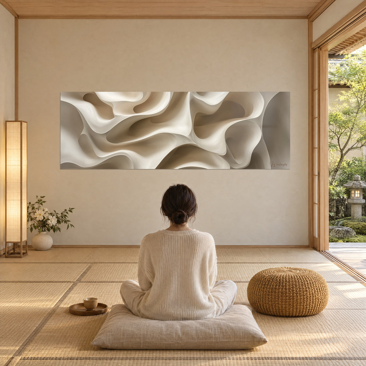 Gemälde mit samtigen, perlmuttartigen Kurven in zartem Graubeige, gegenüber einer Frau, die auf einem Kissen meditiert, Japandi