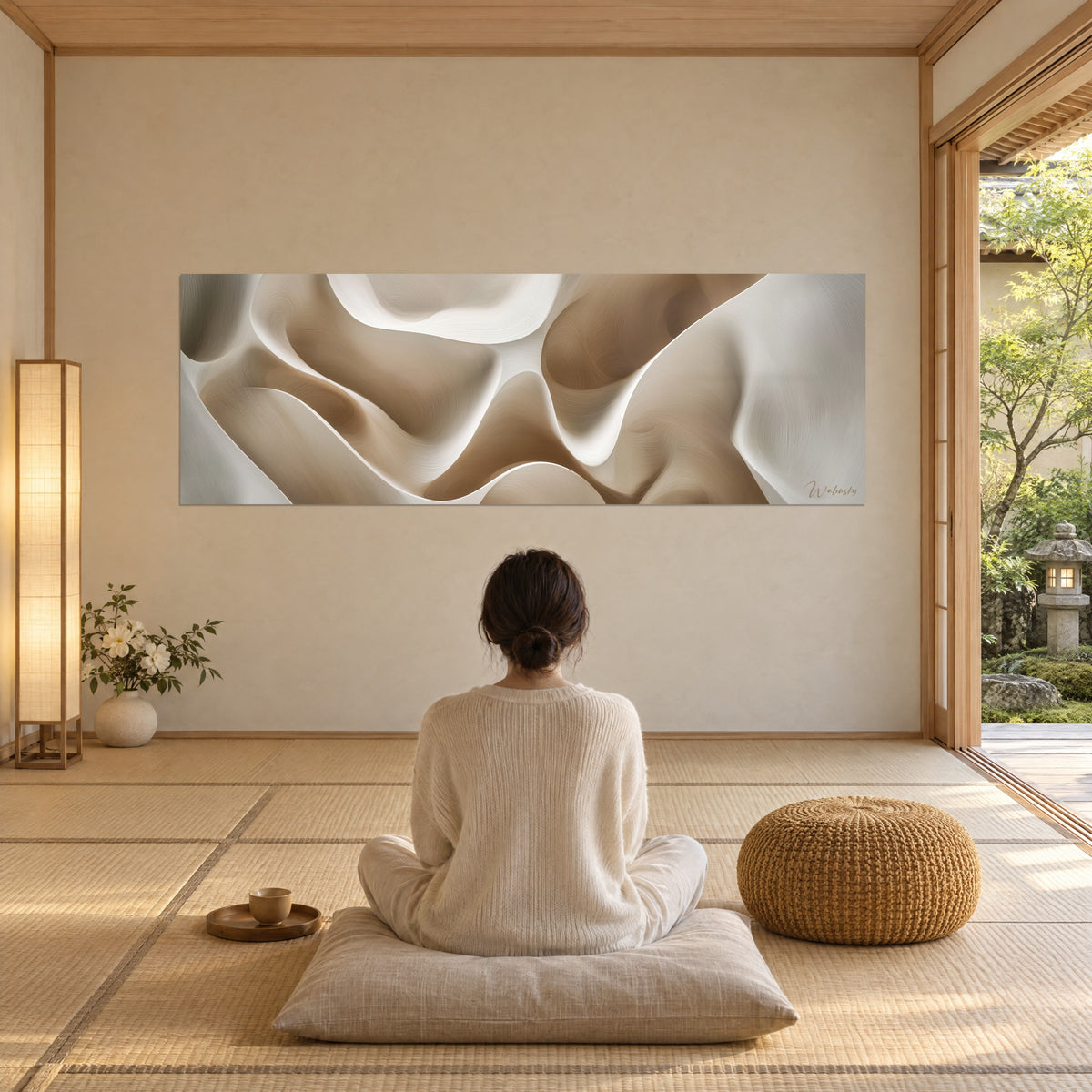 Quadro con meandri di calcare beige e bianco perlato, una donna di spalle seduta su un cuscino in un soggiorno con tatami in legno chiaro
