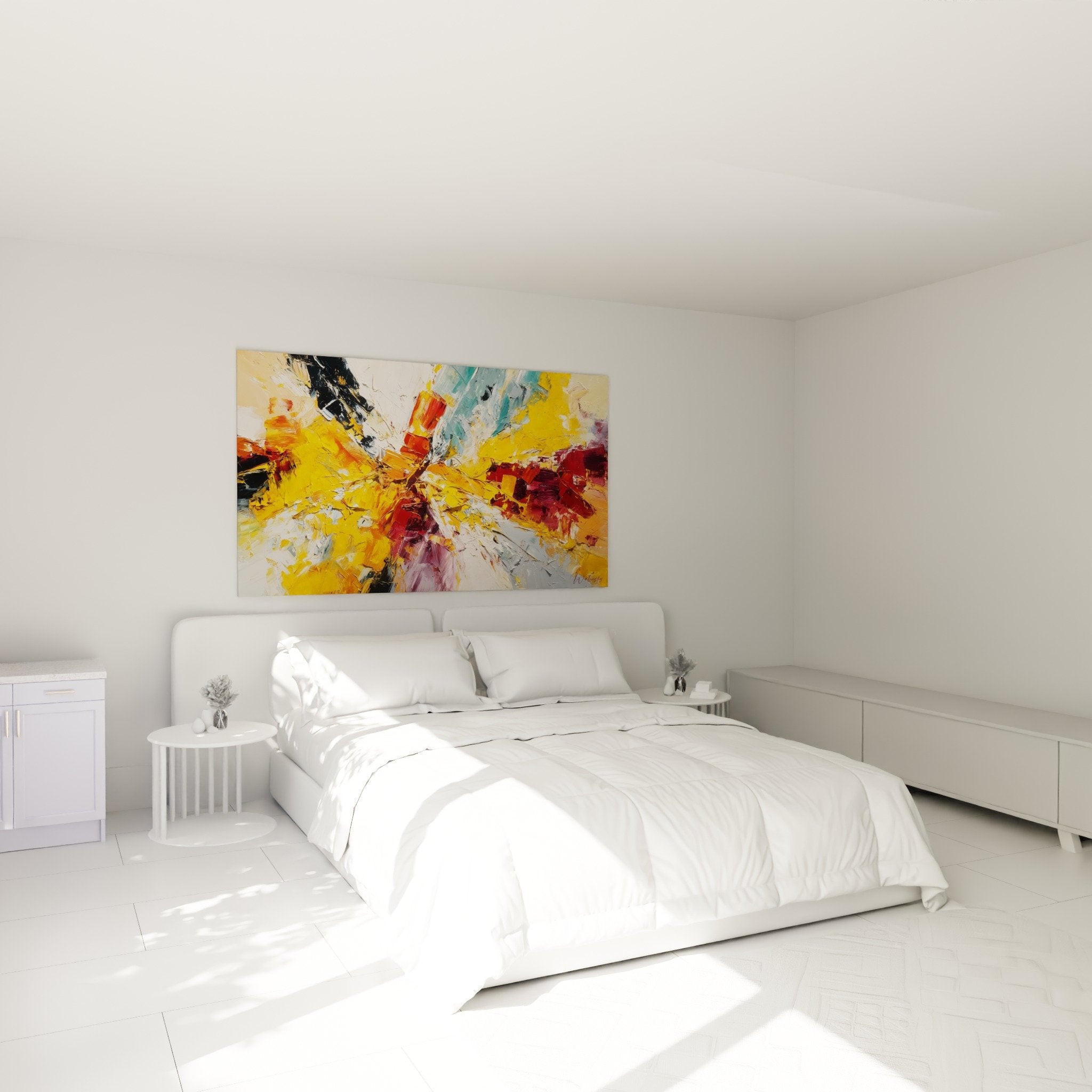 Buntes abstraktes Gemälde in modernem Schlafzimmer mit hellen Wänden und zeitgenössischen Möbeln