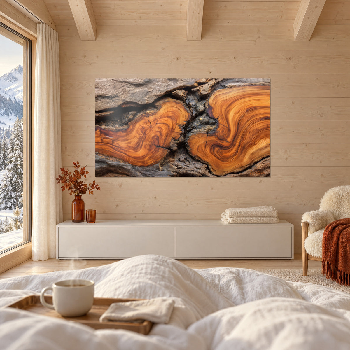 Quadro anelli d'albero ondulati in ambra e noce su pietra grigia, di fronte a un letto bianco con plaid chiari, sopra il letto in una camera luminosa