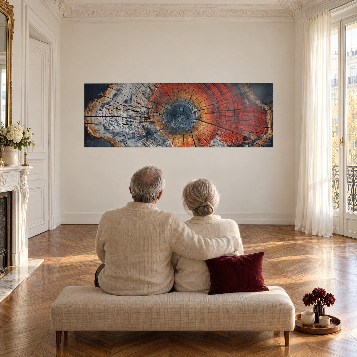 Quadro impronta di legno screpolata arancio, rosso mattone e grigio azzurro, una coppia anziana di spalle su una panchina in un soggiorno bianco