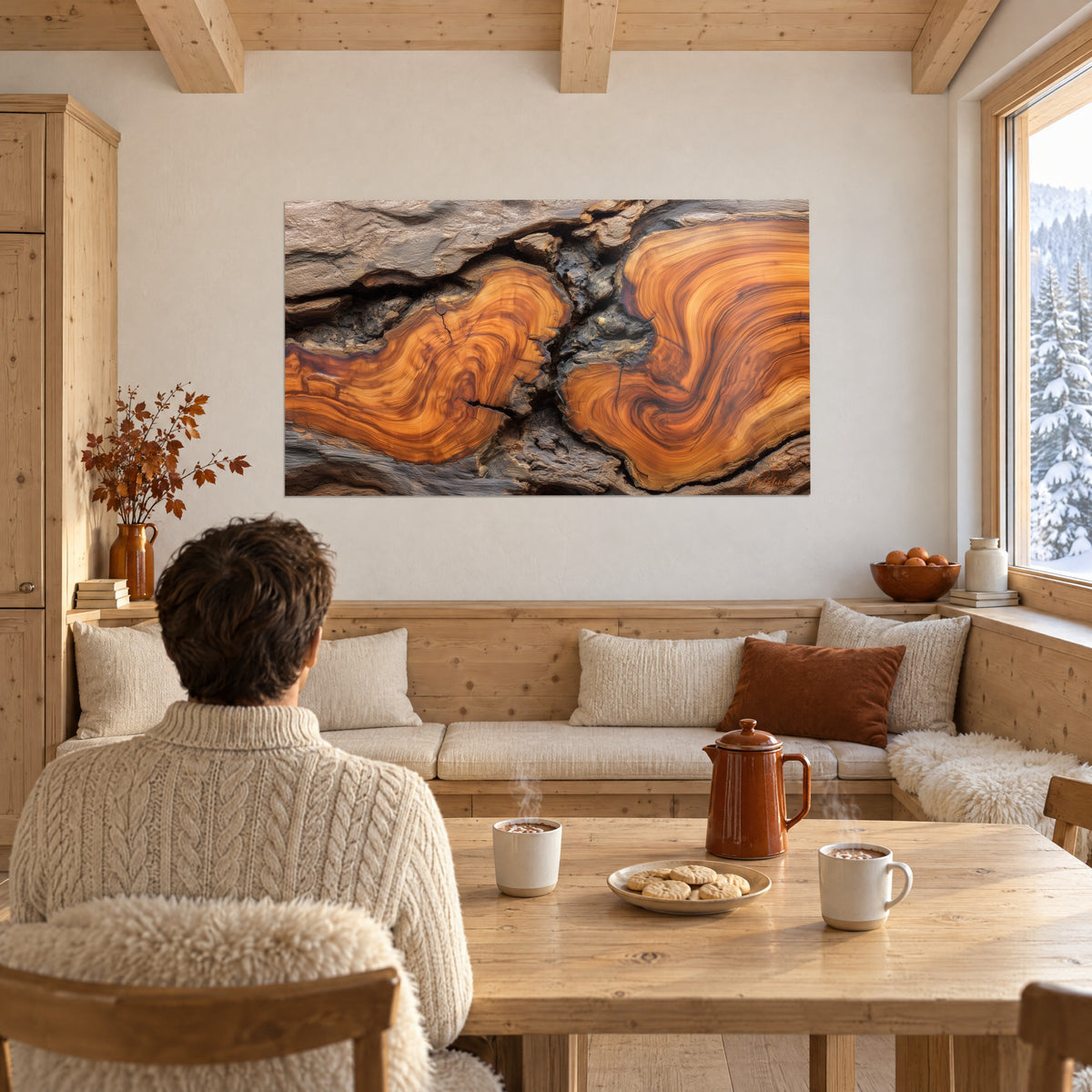 Quadro legno pietrificato con curve albicocca e cioccolato, una coppia di spalle vicino a un tavolo di legno e due tazze fumanti in uno chalet