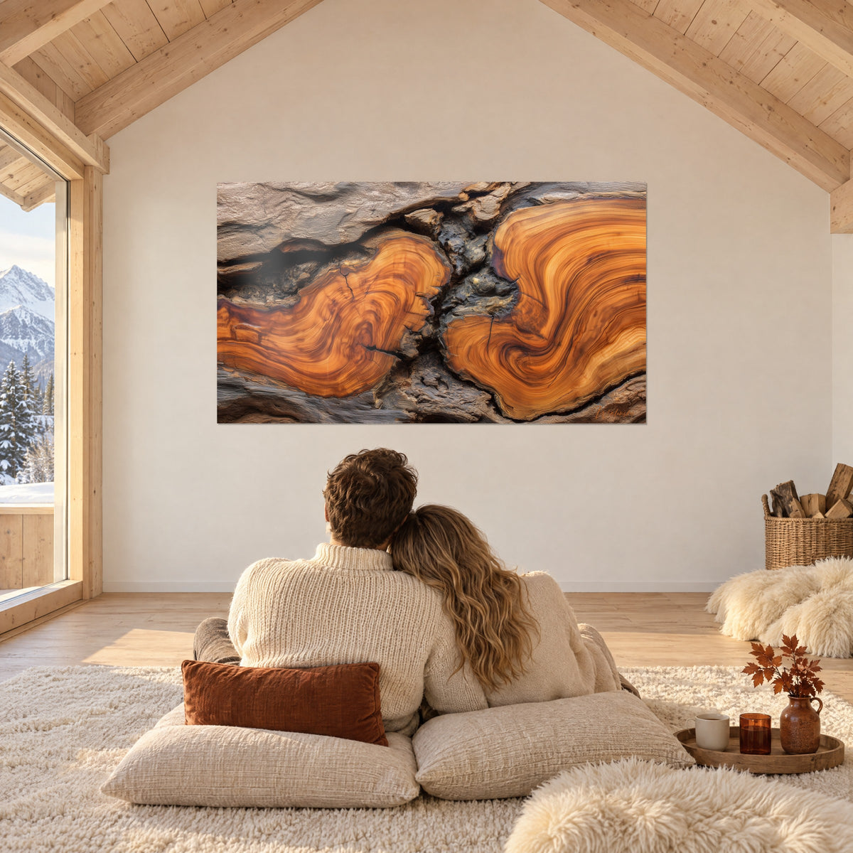 Quadro doppio vortice di legno ramato e marrone scuro, coppia abbracciata di spalle su cuscini, sotto una struttura di tetto di chalet innevato