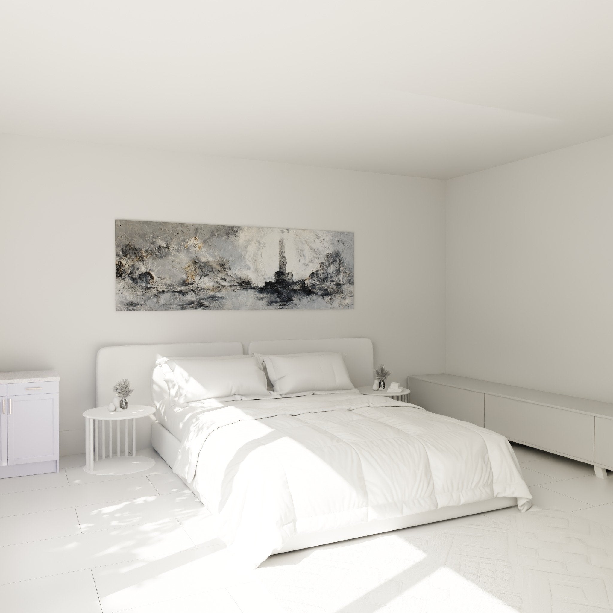 Tableau tempête métallique gris blanc dans chambre contemporaine, décoration feng shui élément métal
