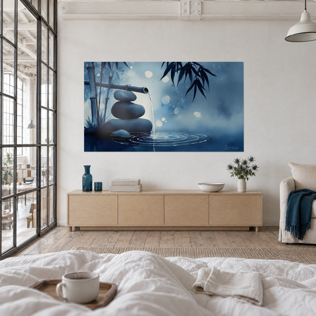 Wall art bamboo stalk and stacked stones in deep blues and chalky white, seen from behind above a bed in a bright bedroom