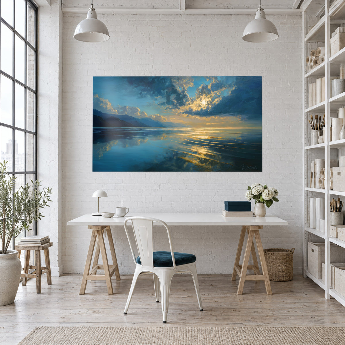 Wall art lakeside landscape at golden dawn, finely rippled waves in honey and cobalt, hazy bluish distant hills, above a white desk