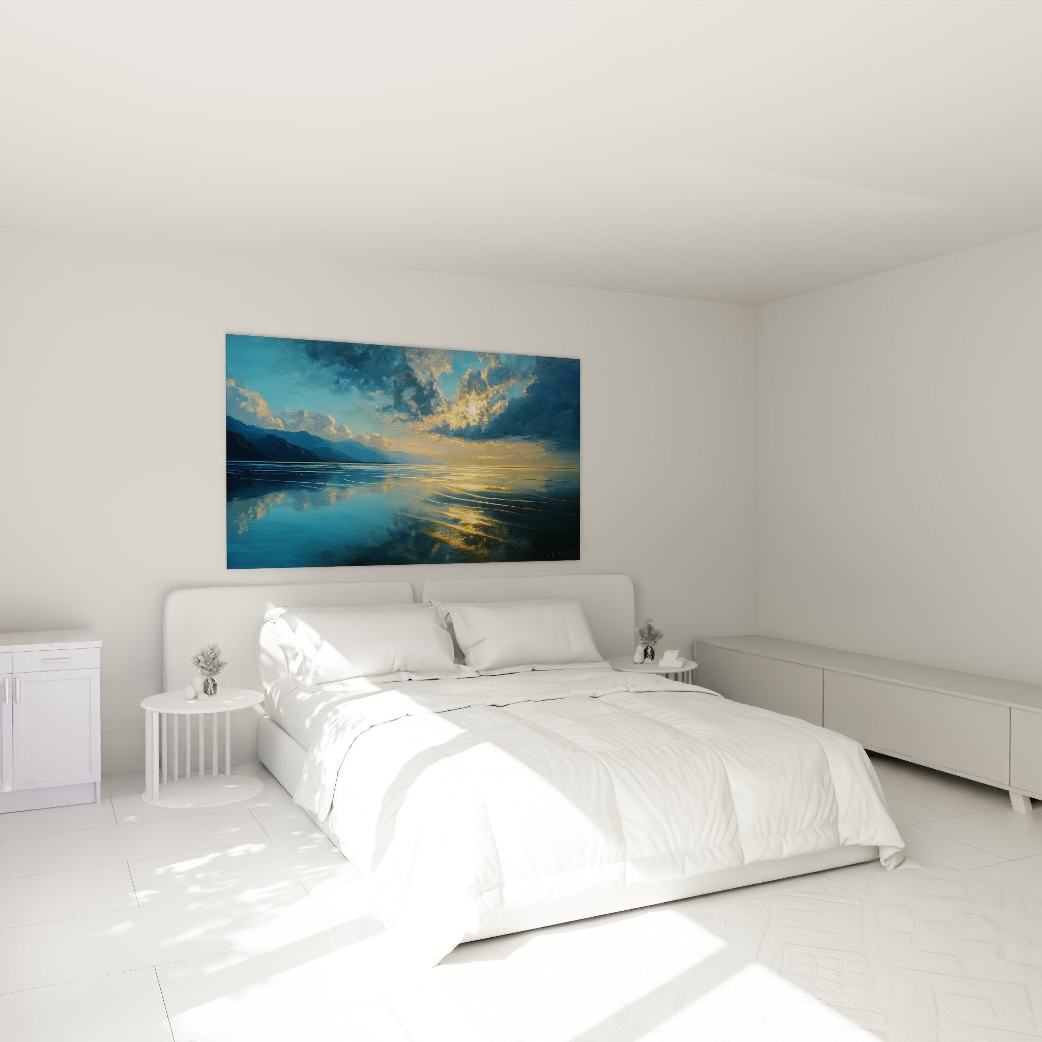 Feng shui north water seascape wall art in modern bedroom with soothing blue and gold tones