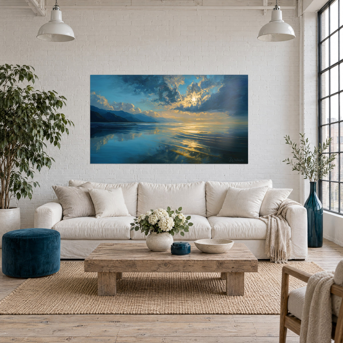 Wall art lake at dusk with golden reflections on blue water, blazing stormy sky, dark mountains, above a sofa in a bright living room