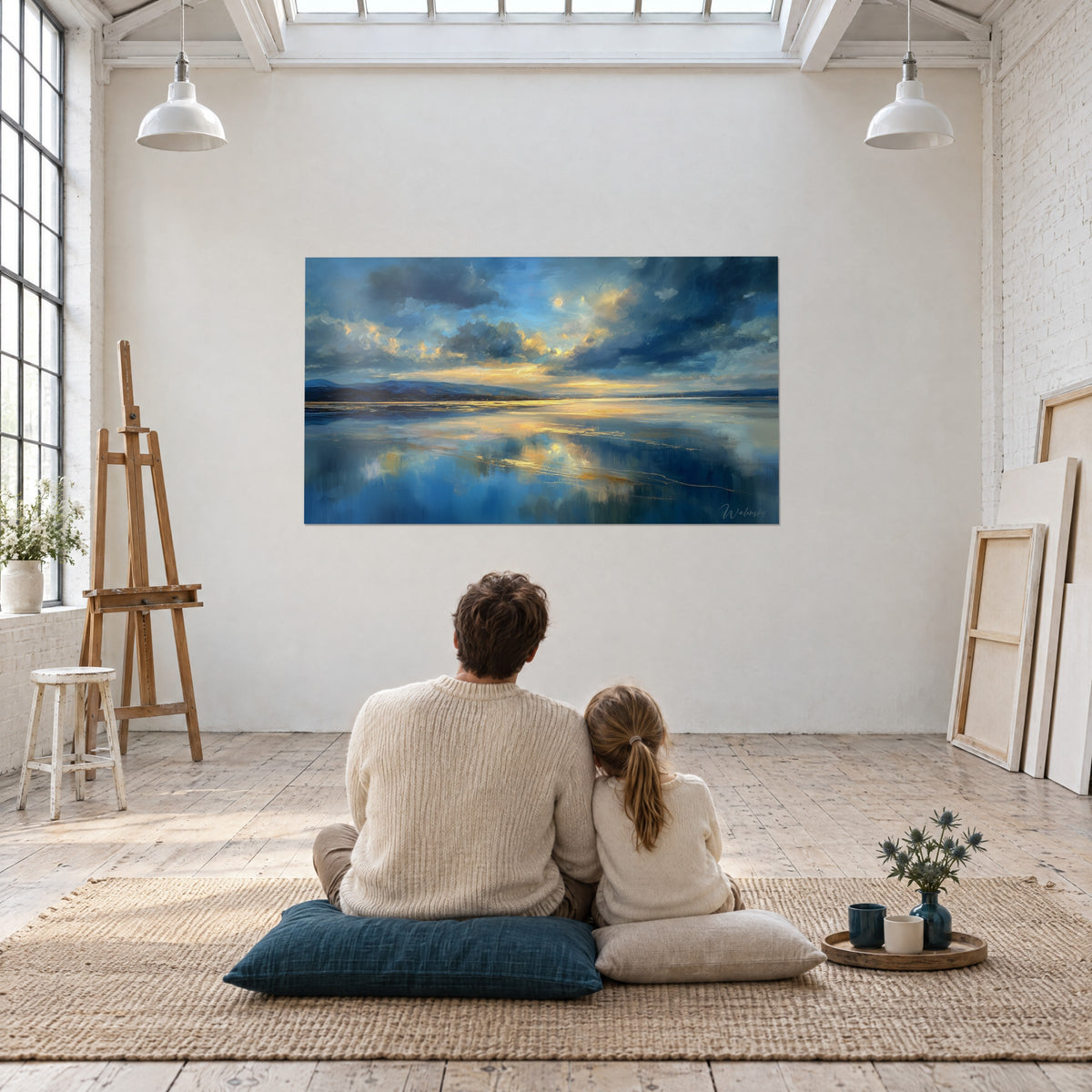 Wall art calmed stormy sky, indigo and honey yellow blended over the water, an adult and a child seen from behind seated on a jute rug