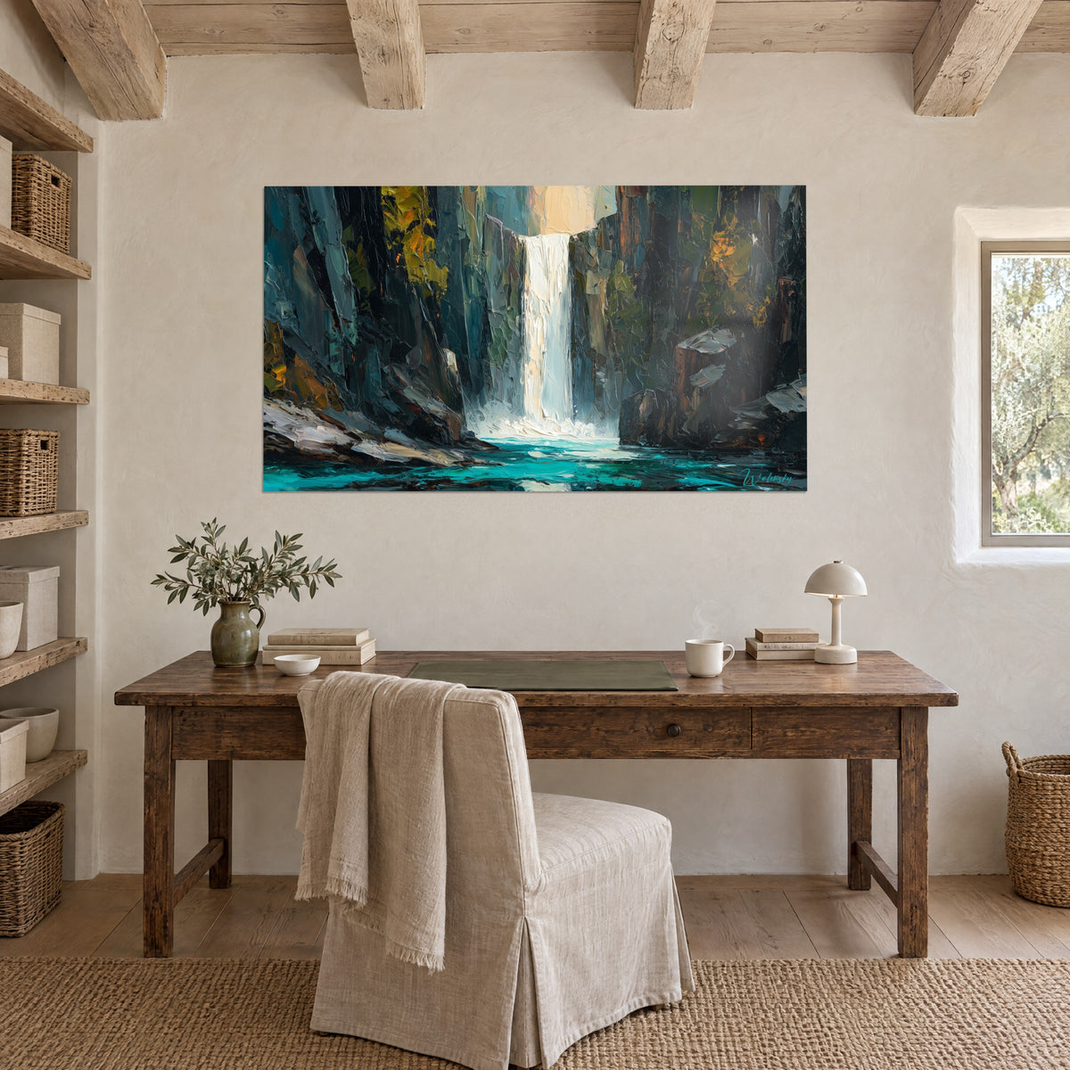 Quadro caduta rocciosa a empasti spessi, filo d'acqua bianca, bacino blu-verde e scogliere grigie, sopra una scrivania in legno