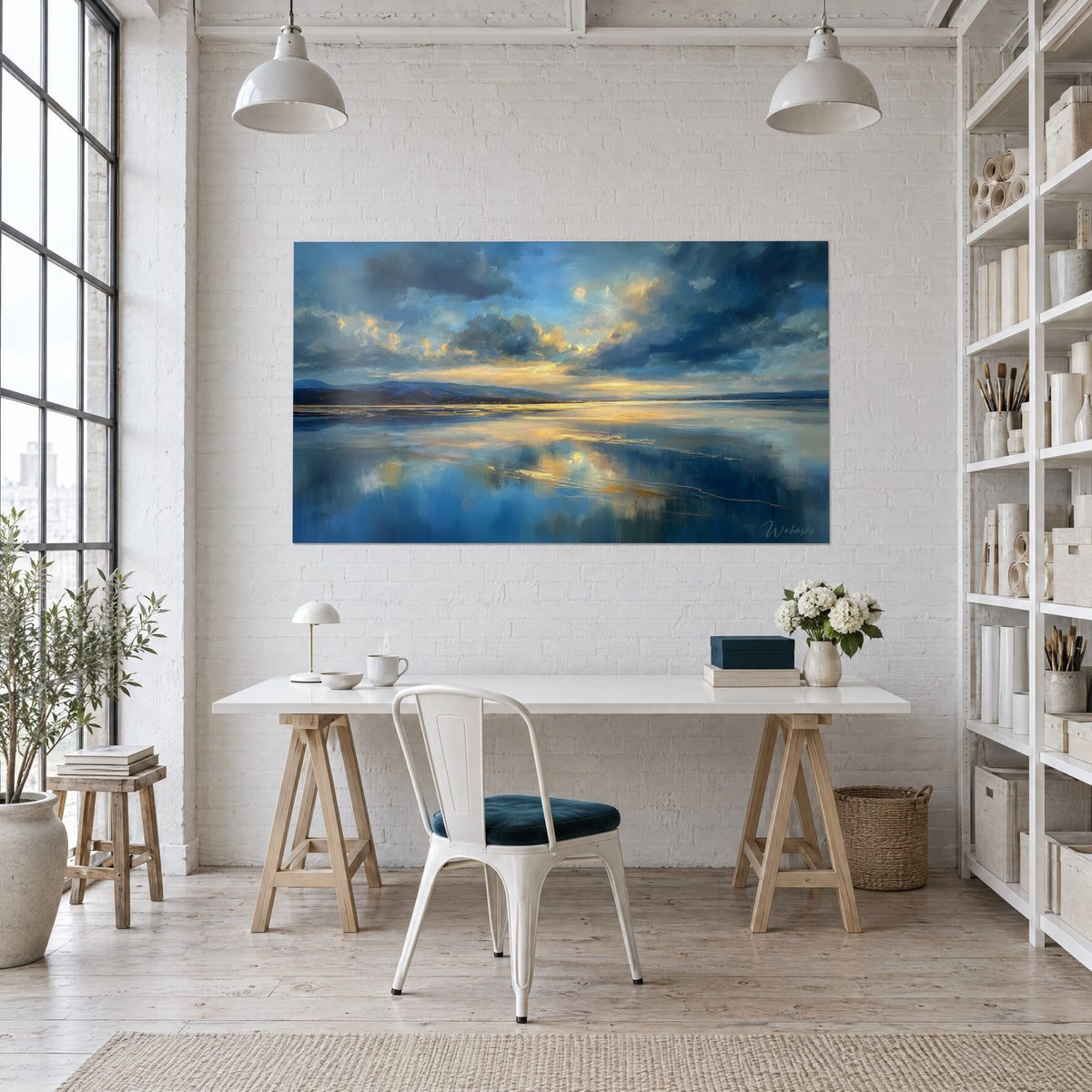 Wall art golden reflections on a lake under slate-blue clouds, facing a white desk and an open bookshelf
