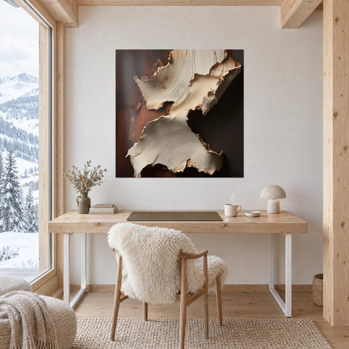 Gemälde beige geäderte, rissige Krusten auf rotbraunen Dielen und dunklem Grund, über einem Schreibtisch aus hellem Holz gehängt