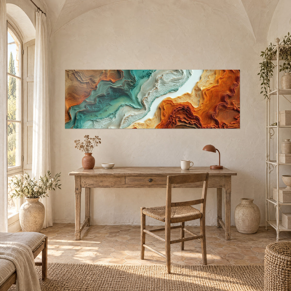 Quadro colate di sabbia dorata, turchese e ruggine, nastro bianco al centro, sopra una scrivania in legno chiaro vicino a una finestra