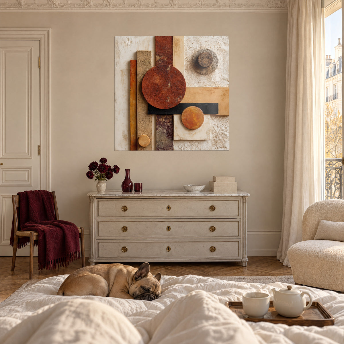 Πίνακας ορυκτή αρμονία σε terracotta και άμμο, υφασμένος κύκλος σκουριάς, πάνω από κρεβάτι σε φωτεινή κρεβατοκάμαρα