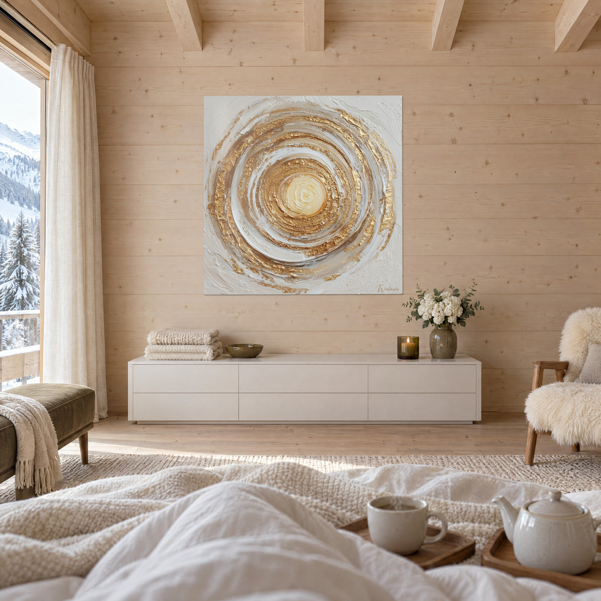 Wall art with a golden sun swirling in thick paint, cream white and ochre, above a bed in a bright bedroom