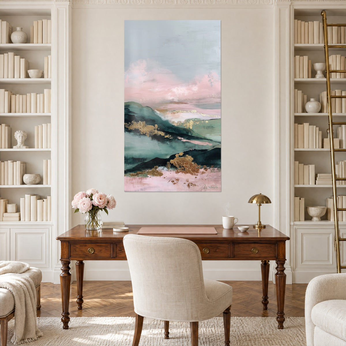 Gemälde rosa und cremefarbener Horizont, smaragdgrüne Grate, goldene Nuggets, zwischen zwei Bücherregalen in einem Haussmann-Büro