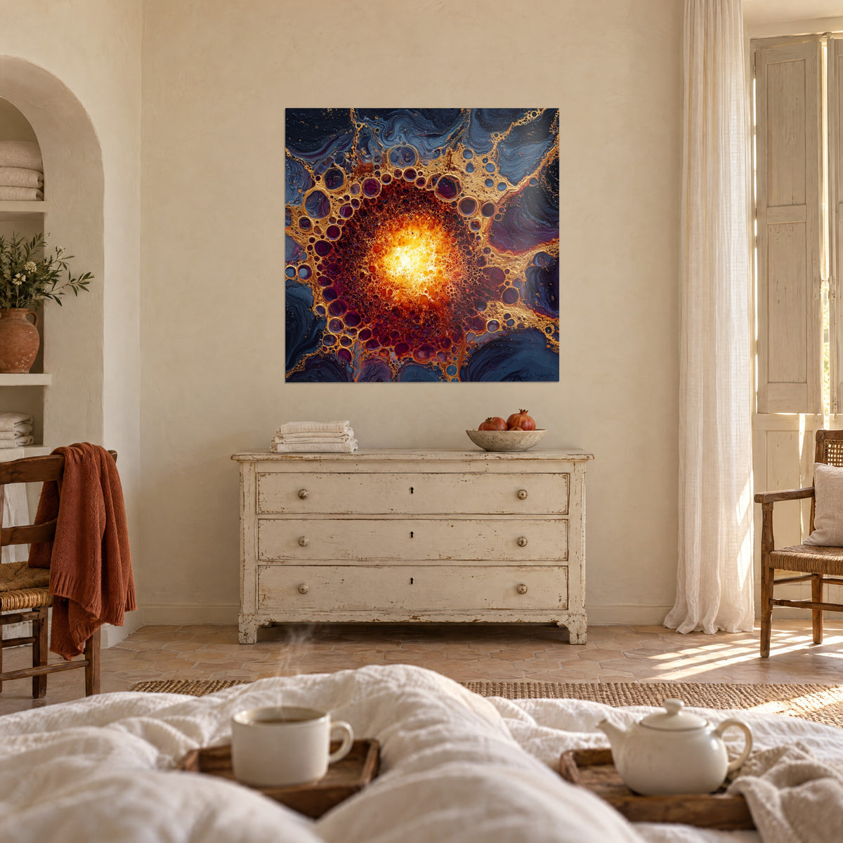 Quadro nucleo luminoso giallo vivo circondato da bolle bordeaux e ramate su blu profondo, sopra un letto in una camera luminosa