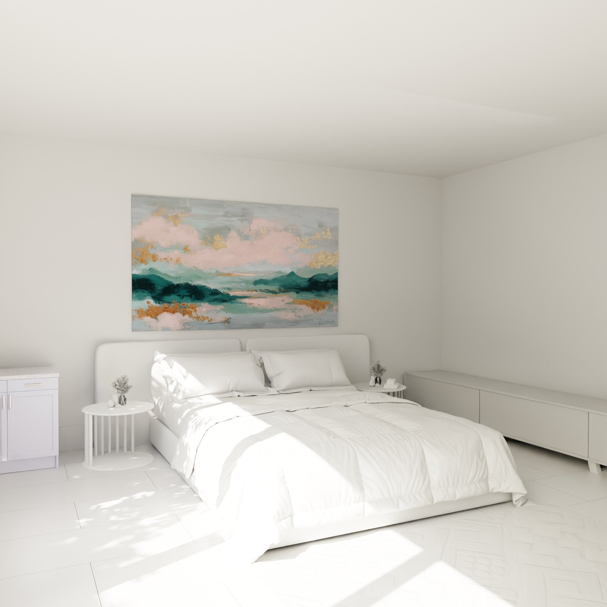 Tableau feng shui sud-est bois paysage rose dore dans chambre moderne decoration murale apaisante