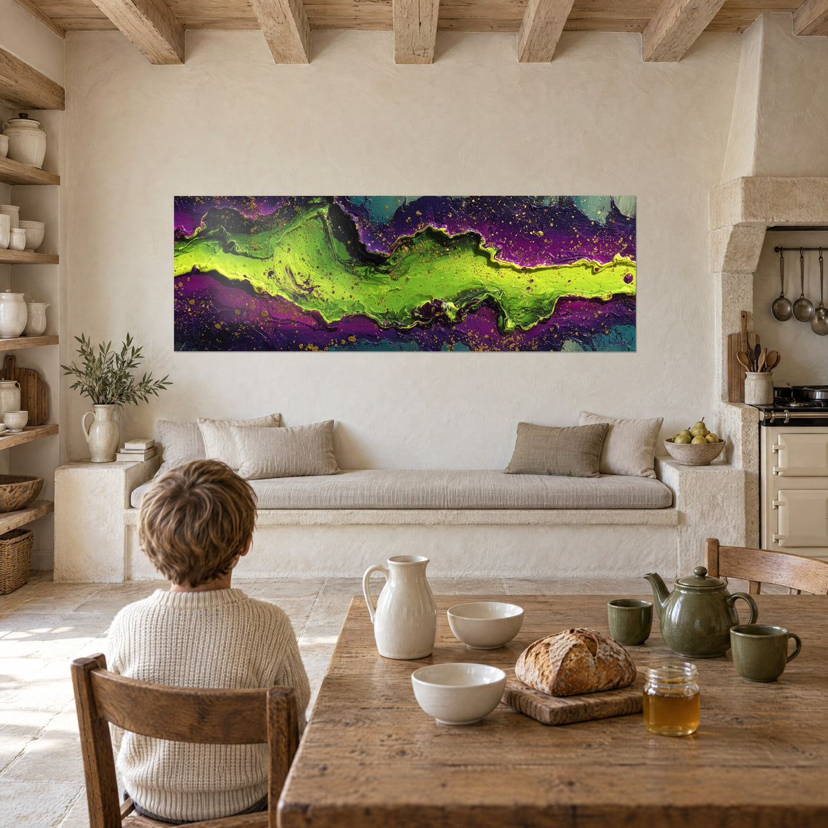 Abstract wall art with chartreuse and eggplant waves, golden drops, facing a child seated at a kitchen table with bread