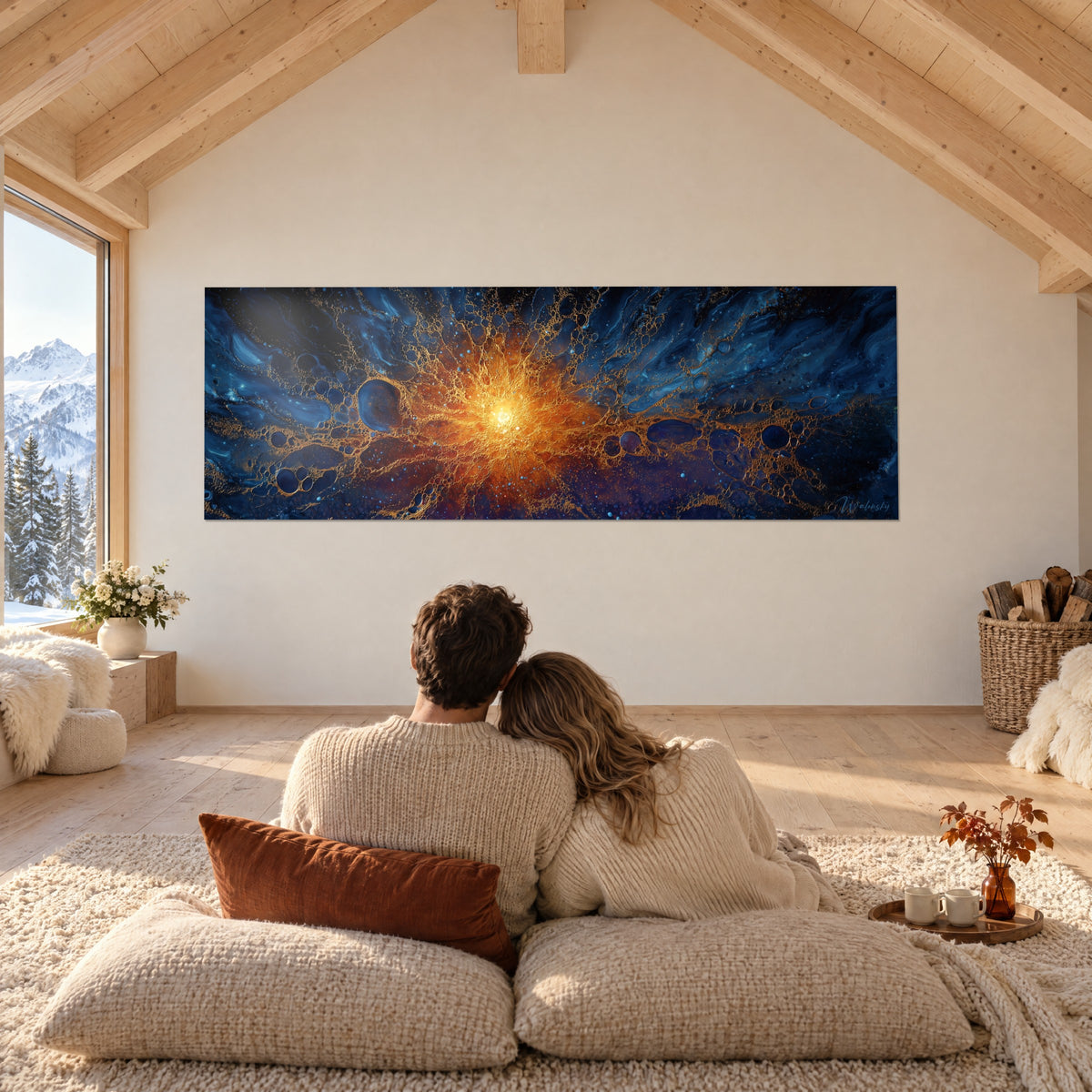 Cuadro big bang dorado con burbujas azul cobalto, panorama cósmico frente a una pareja apoyada en cojines blancos delante de la pared