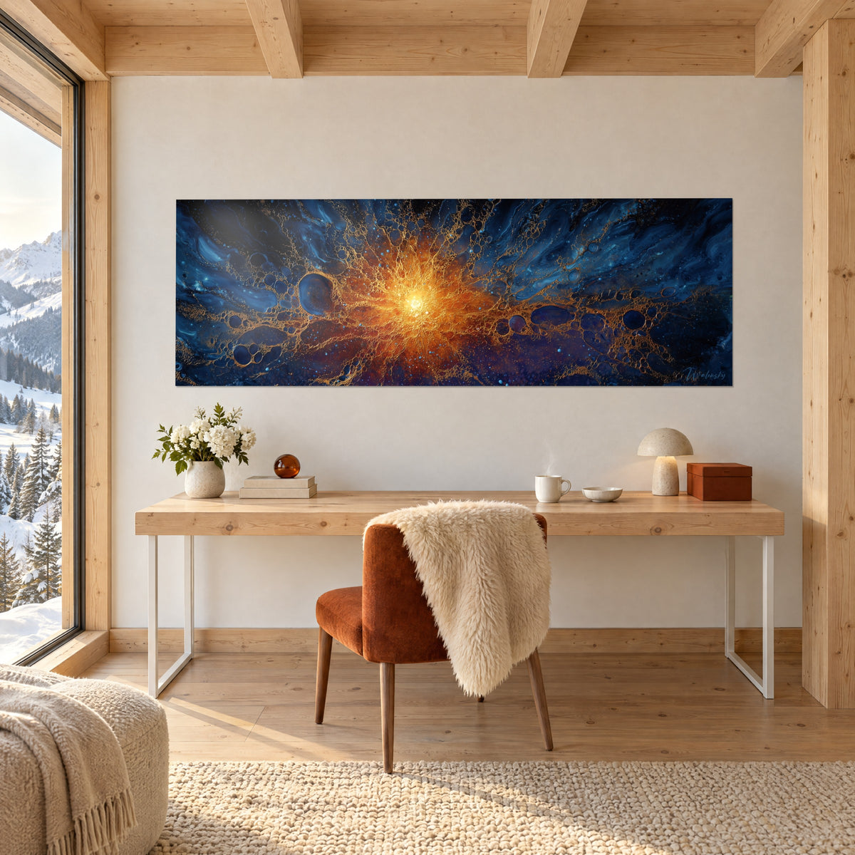 Cuadro energía estelar panorámica, rayos ámbar sobre fondo índigo, encima de un escritorio de madera clara junto a una ventana