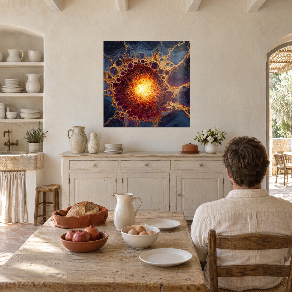 Quadro nebulosa dorata fusa con bolle porpora e sfondo indaco, uomo seduto di spalle a un tavolo davanti a una credenza bianca in un mas provenzale