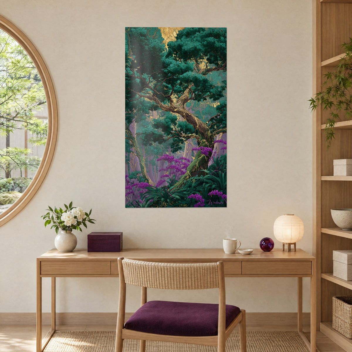 Gemälde riesiger Bonsai mit smaragdgrünen Zweigen, violetten Büscheln und grünem Moos, über einem Schreibtisch aus hellem Holz