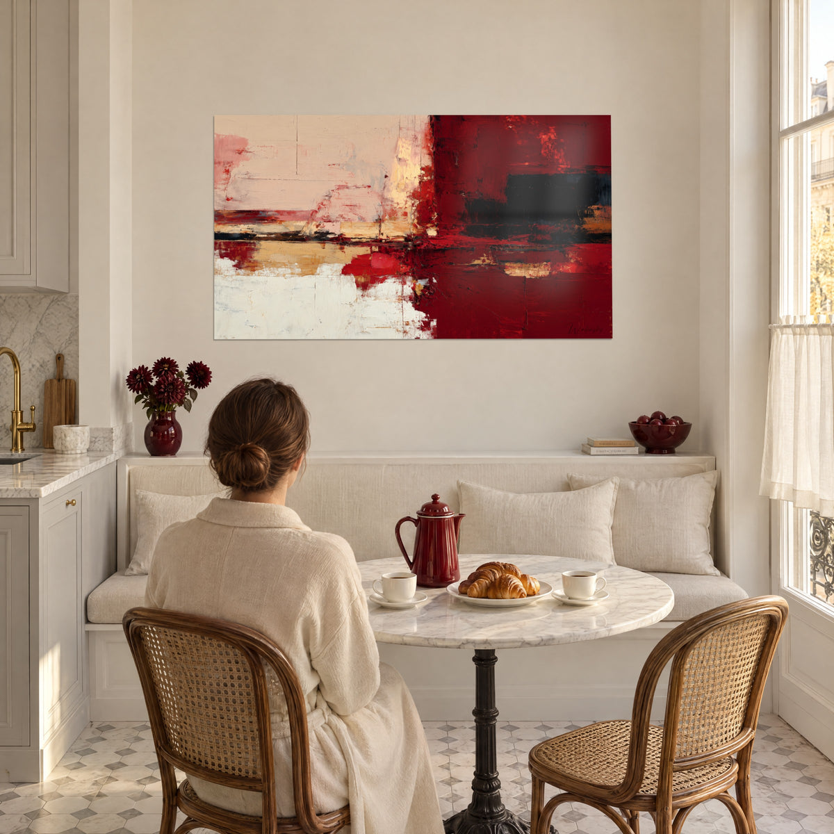 Tableau champ de rouge cramoisi coupé d'un bloc noir, touches d'or, couple de dos près d'une table de petit-déjeuner