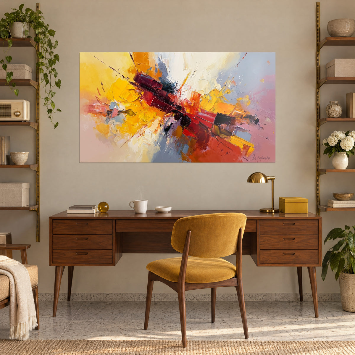 Cuadro pintura abstracta impetuosa en rojo carmesí y amarillo azafrán, cielo gris perla, en la pared de un despacho de madera junto a estanterías