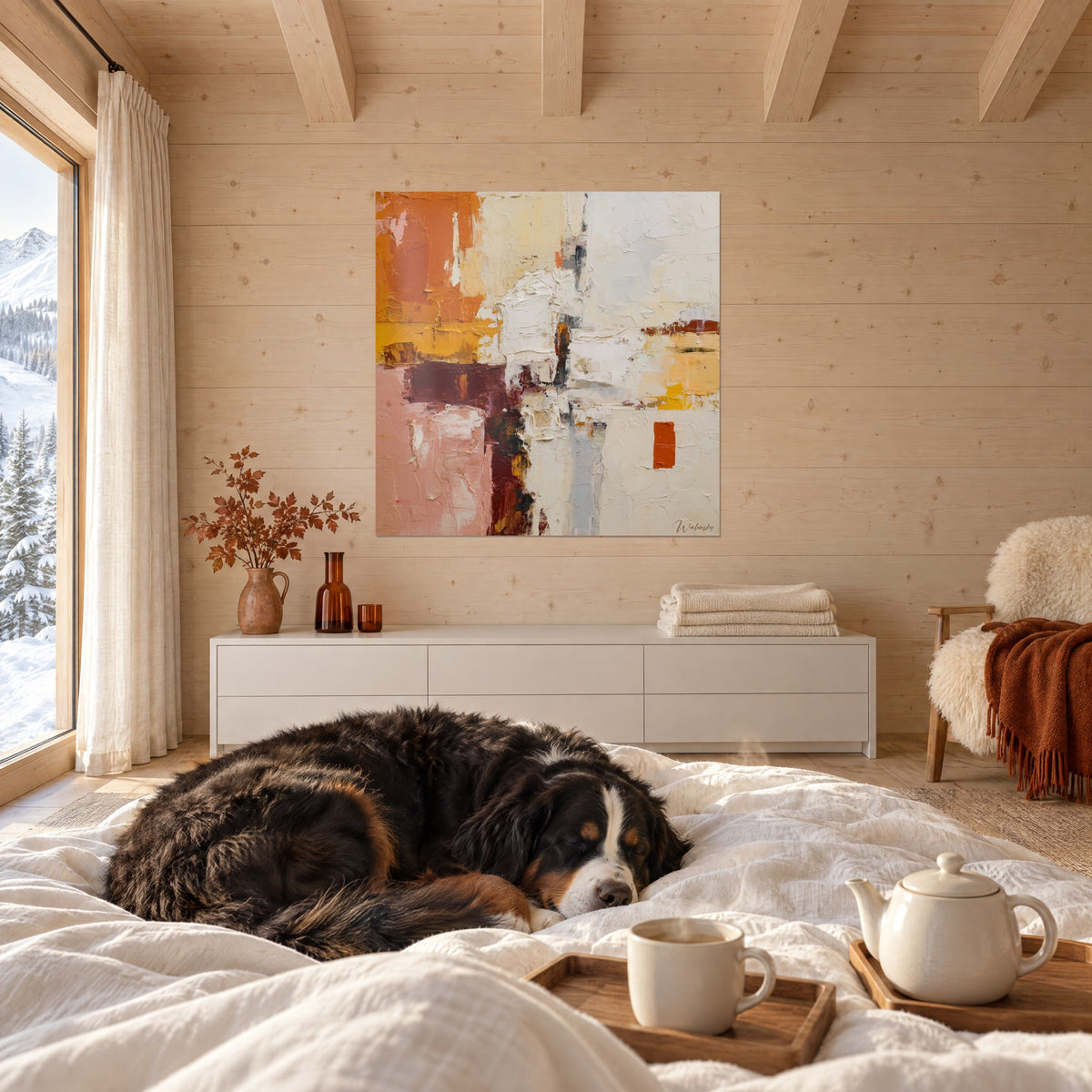 Gemälde abstrakt mit ockergelben und tiefbordeauxroten Akzenten, ein schlafender schwarzer Hund, über einem Bett in einem hellen Schlafzimmer