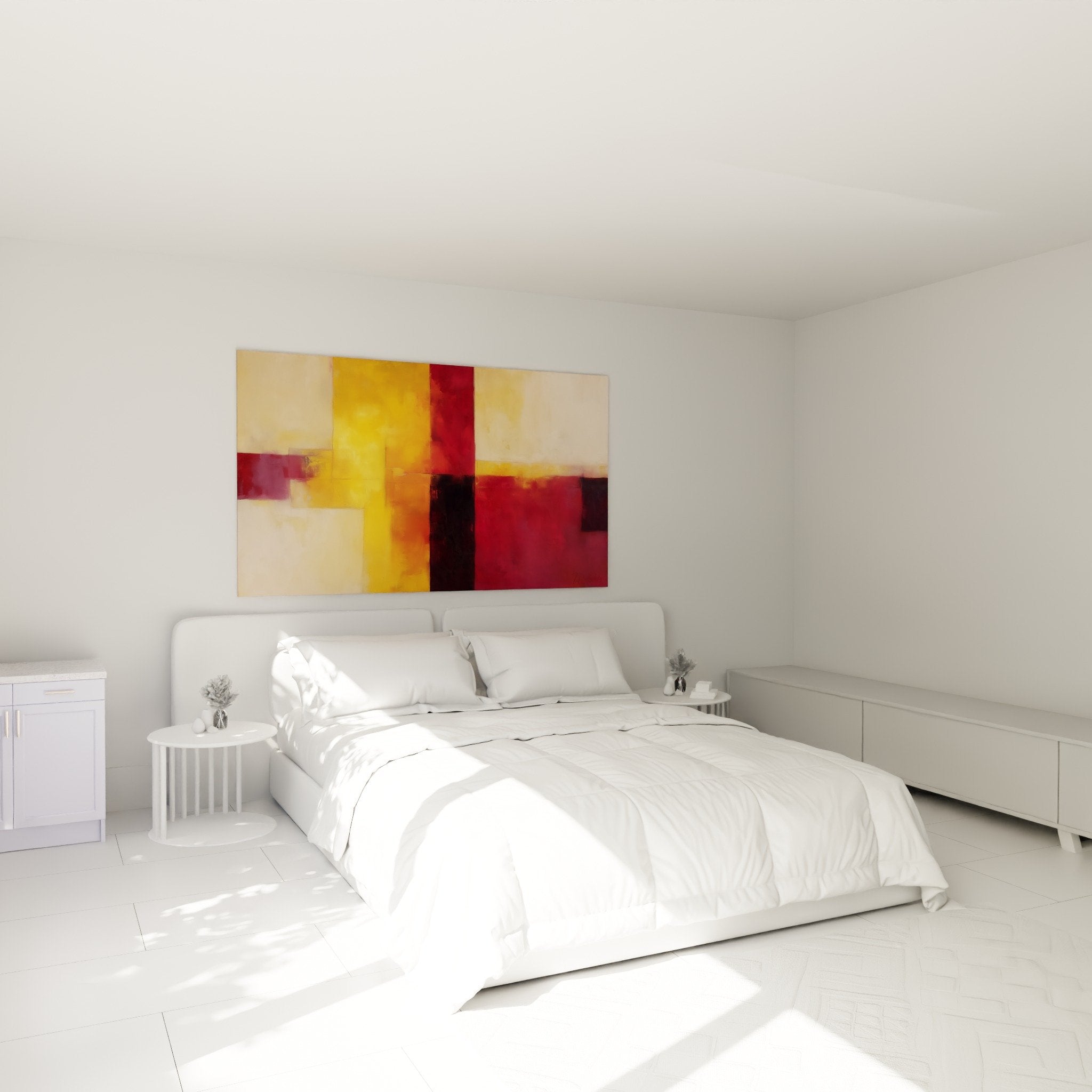 Tableau feng shui sud feu couleurs chaudes rouge orange dans chambre moderne decoration murale abstraite