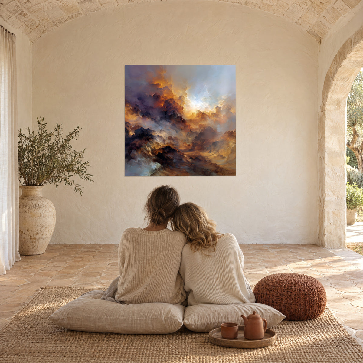 Quadro mare di nuvole dorato luminoso con masse marrone scuro, coppia abbracciata su cuscini beige, mas provenzale