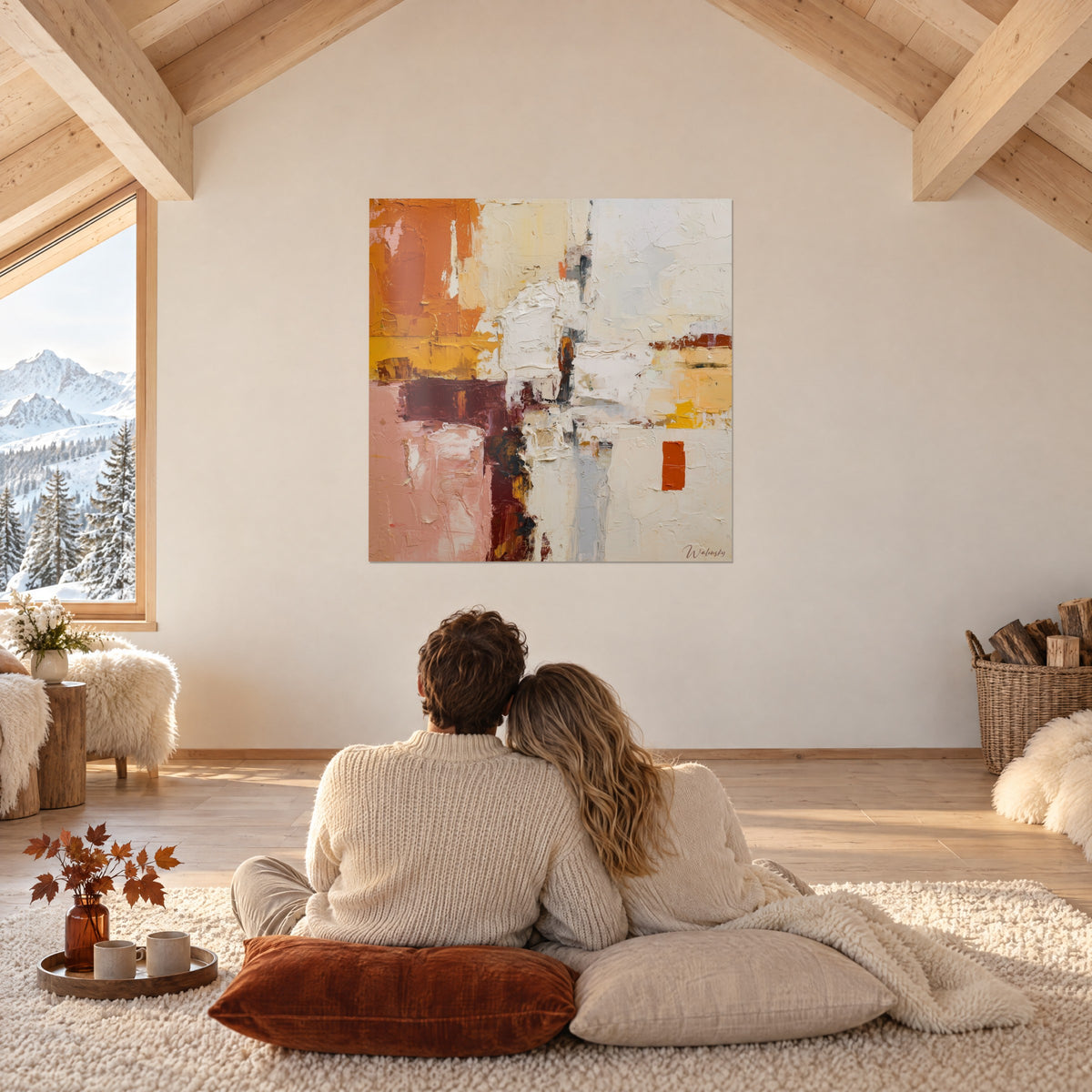 Gemälde Landschaft aus Farbflächen in Rosa, Bordeaux und Safran, Paar von hinten eng umschlungen auf einem Teppich, Chalet unter den Deckenbalken