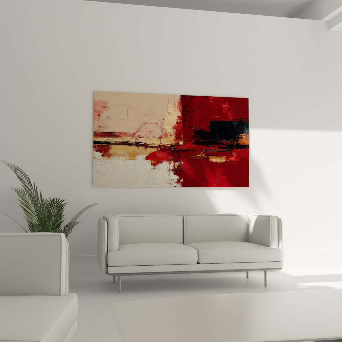 Œuvre feng shui sud feu aux tons rouge sombre et doré accrochée au-dessus d'un canapé dans un salon lumineux